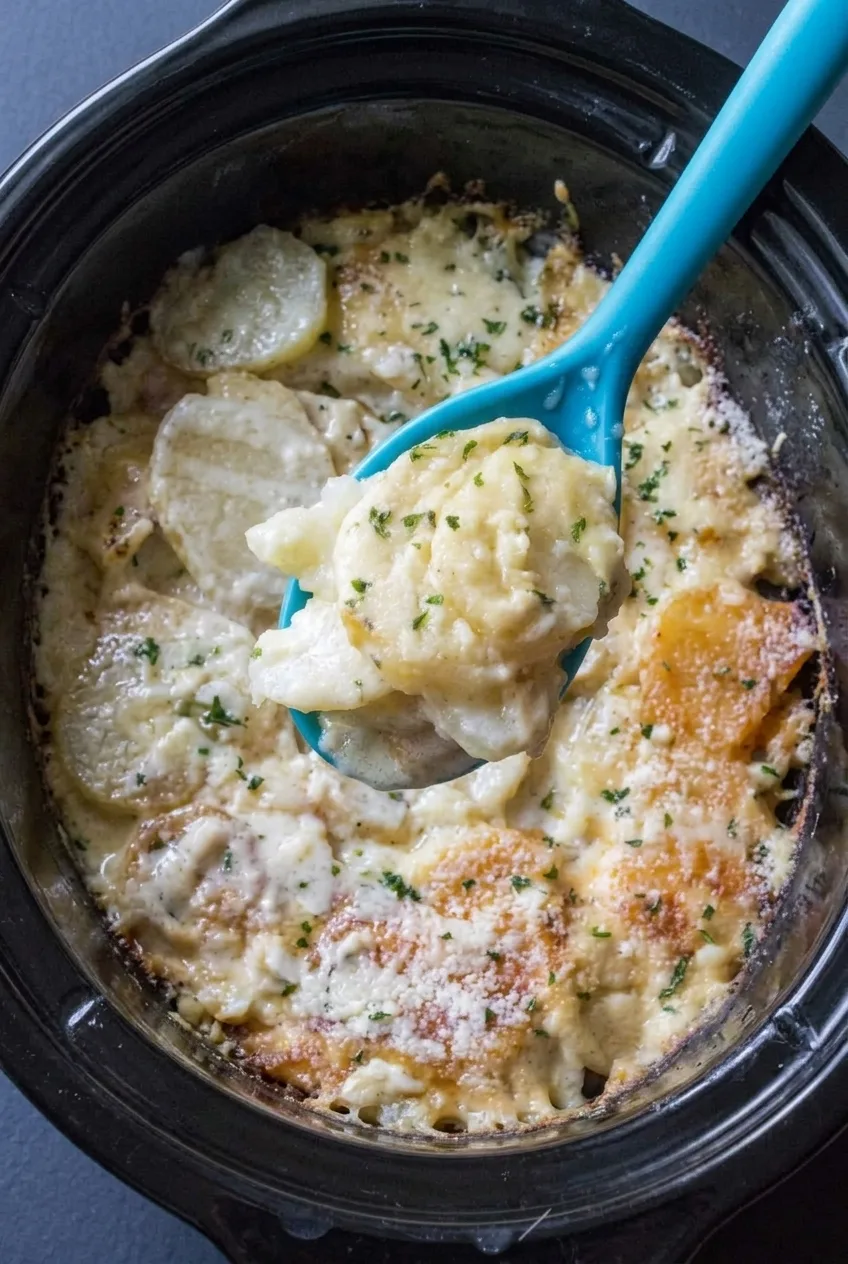 Overhead view of cheesy scalloped potatoes with melted cheese and herbs in a black oval slow cooker