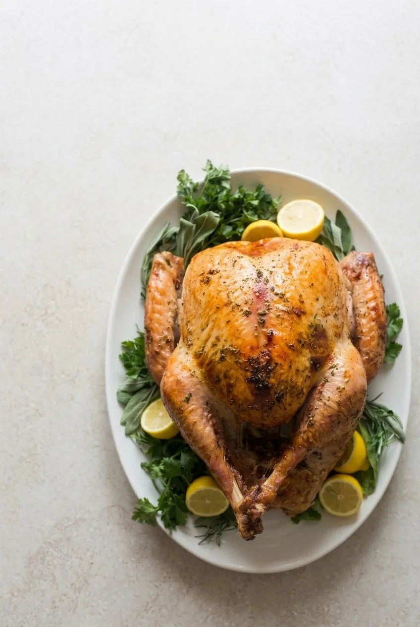 Overhead view of a whole golden roast turkey on a platter with lemon halves and green herb sprigs.