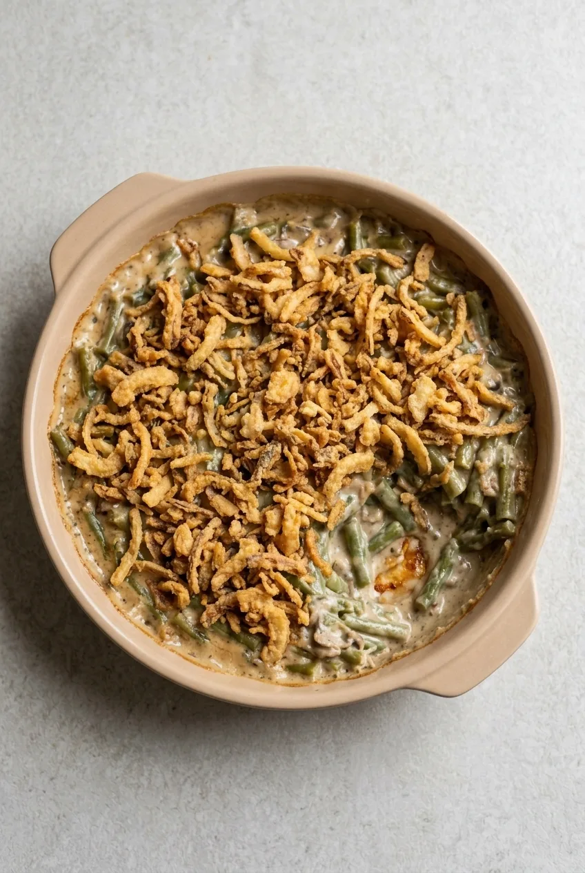 Overhead view of green bean casserole with golden fried onion topping in a shallow baking dish.