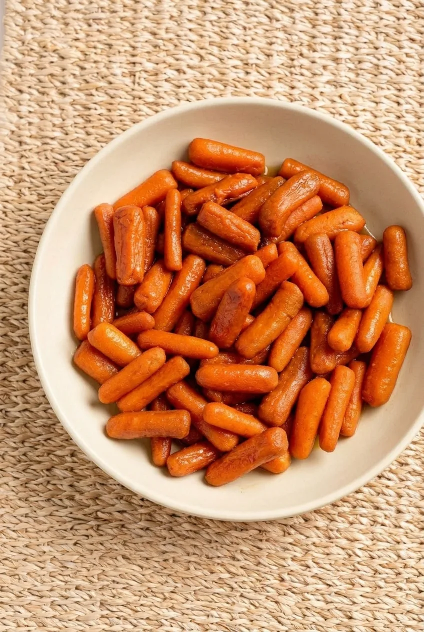 Overhead view of maple glazed baby carrots in a shallow bowl with glossy glaze pooling lightly below