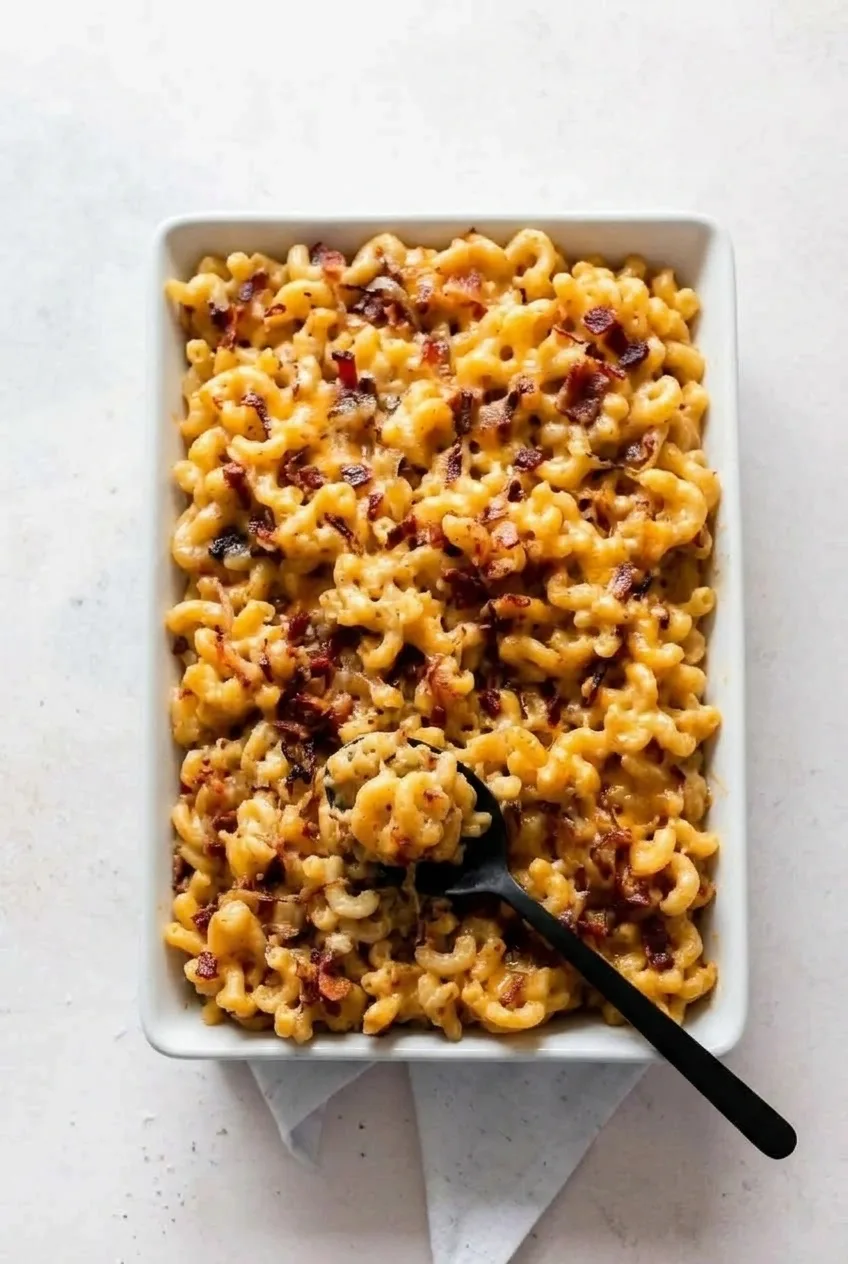 Overhead view of bacon and caramelized onion baked mac and cheese in a rectangular casserole dish.