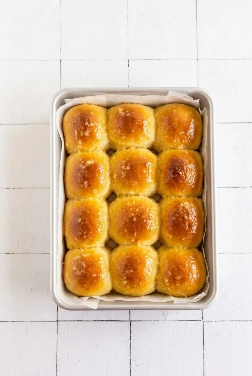 Overhead view of twelve golden garlic butter dinner rolls in a parchment-lined rectangular baking pan.