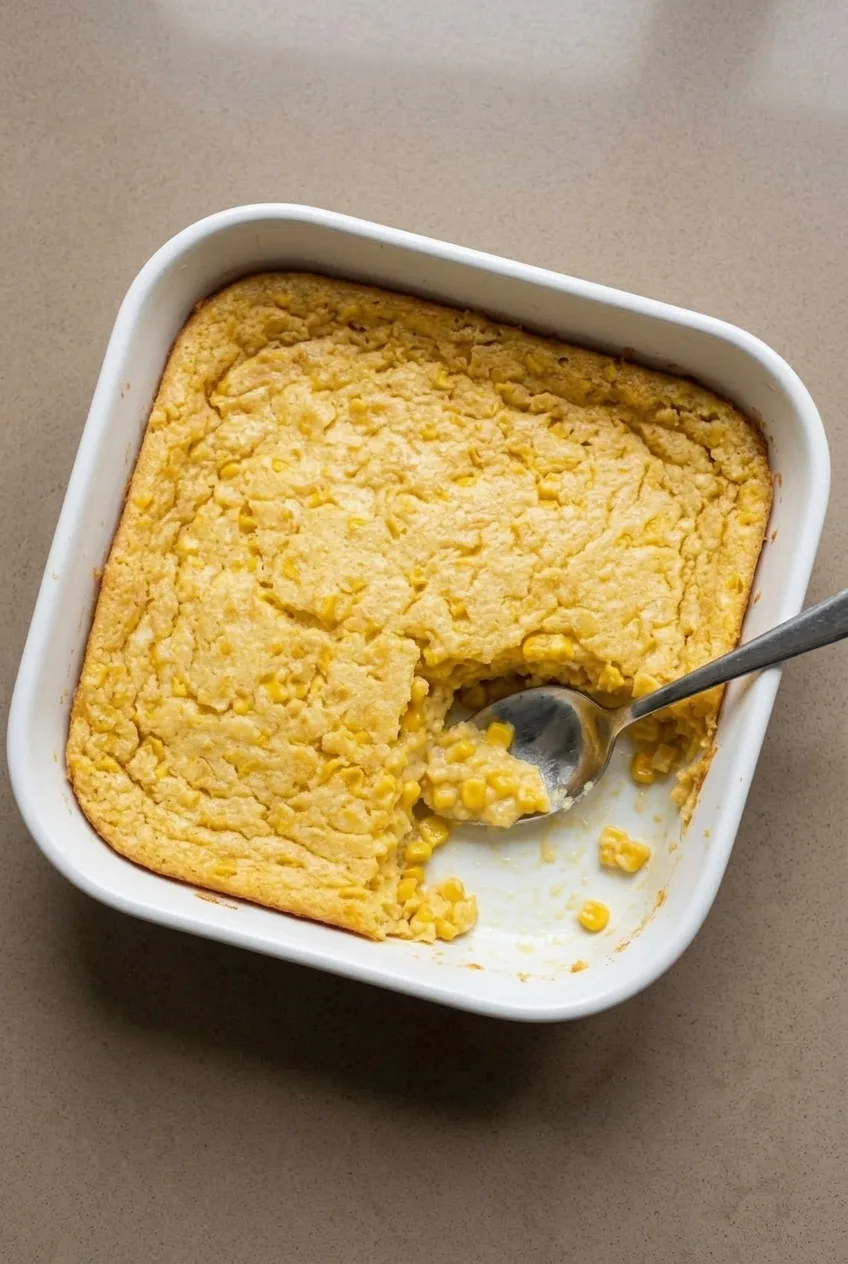 Overhead view of creamy whole-kernel corn casserole in a white square baking dish