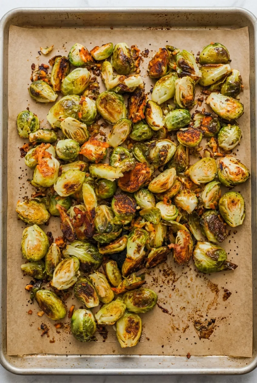 Overhead view of garlic Parmesan roasted Brussels sprouts scattered across a parchment-lined baking sheet.