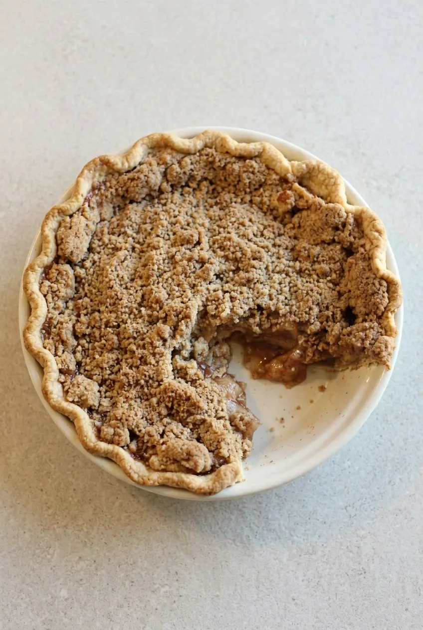 Overhead view of a round apple crumb pie in a ceramic dish with a wedge removed.