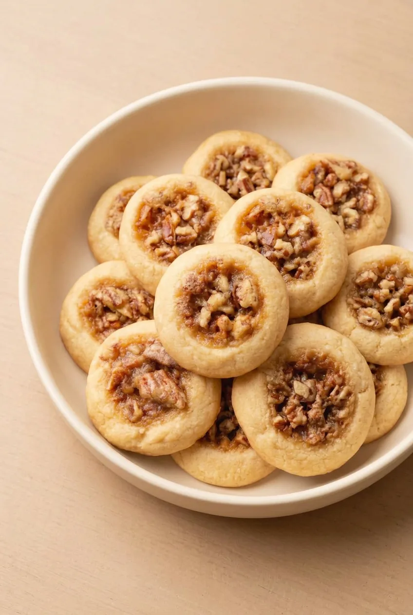 Overhead view of pecan pie thumbprint cookies arranged on a cream ceramic plate with exposed pecan centers.