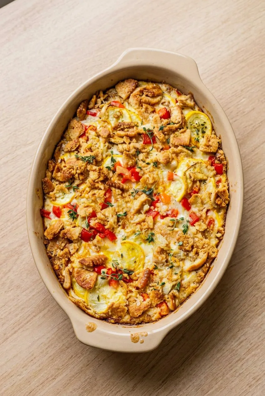 Overhead view of Southern squash casserole in a shallow ceramic dish with golden cracker topping and fresh thyme