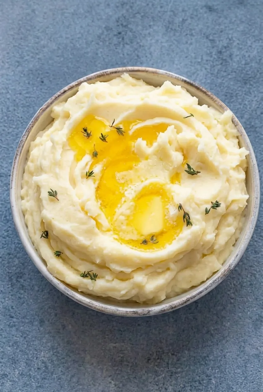 Overhead view of roasted garlic mashed potatoes in a shallow bowl with a central butter well
