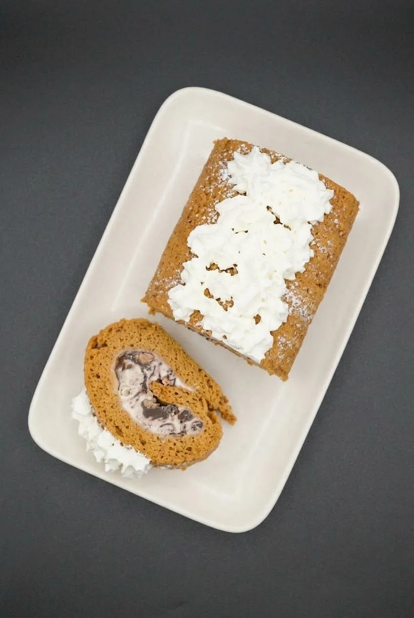 Overhead view of sliced frozen pumpkin roll with whipped cream and powdered sugar on a neutral platter.