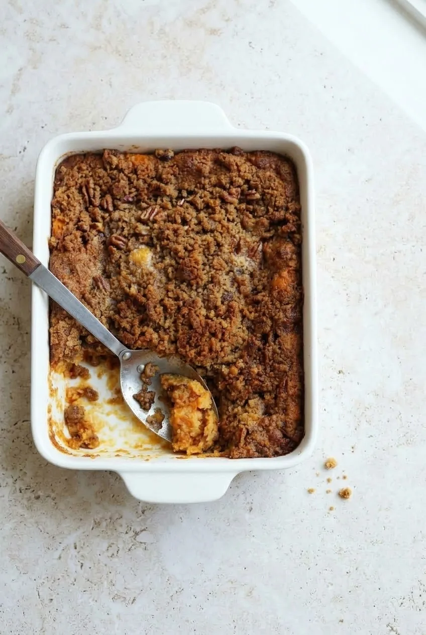 Overhead view of pecan-topped sweet potato casserole in a white rectangular dish with a serving scooped out.