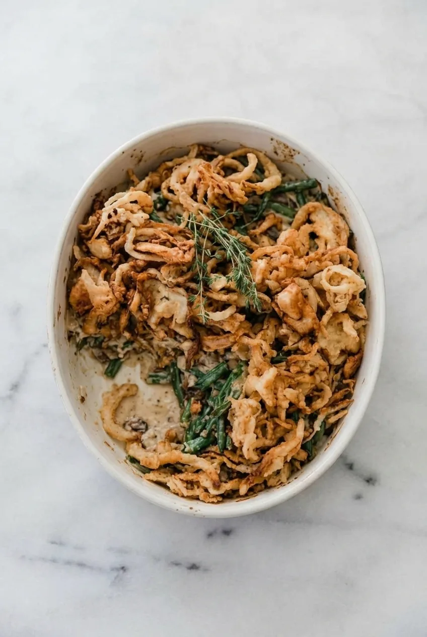 Overhead view of a full oval green bean casserole topped with golden fried onions and thyme.