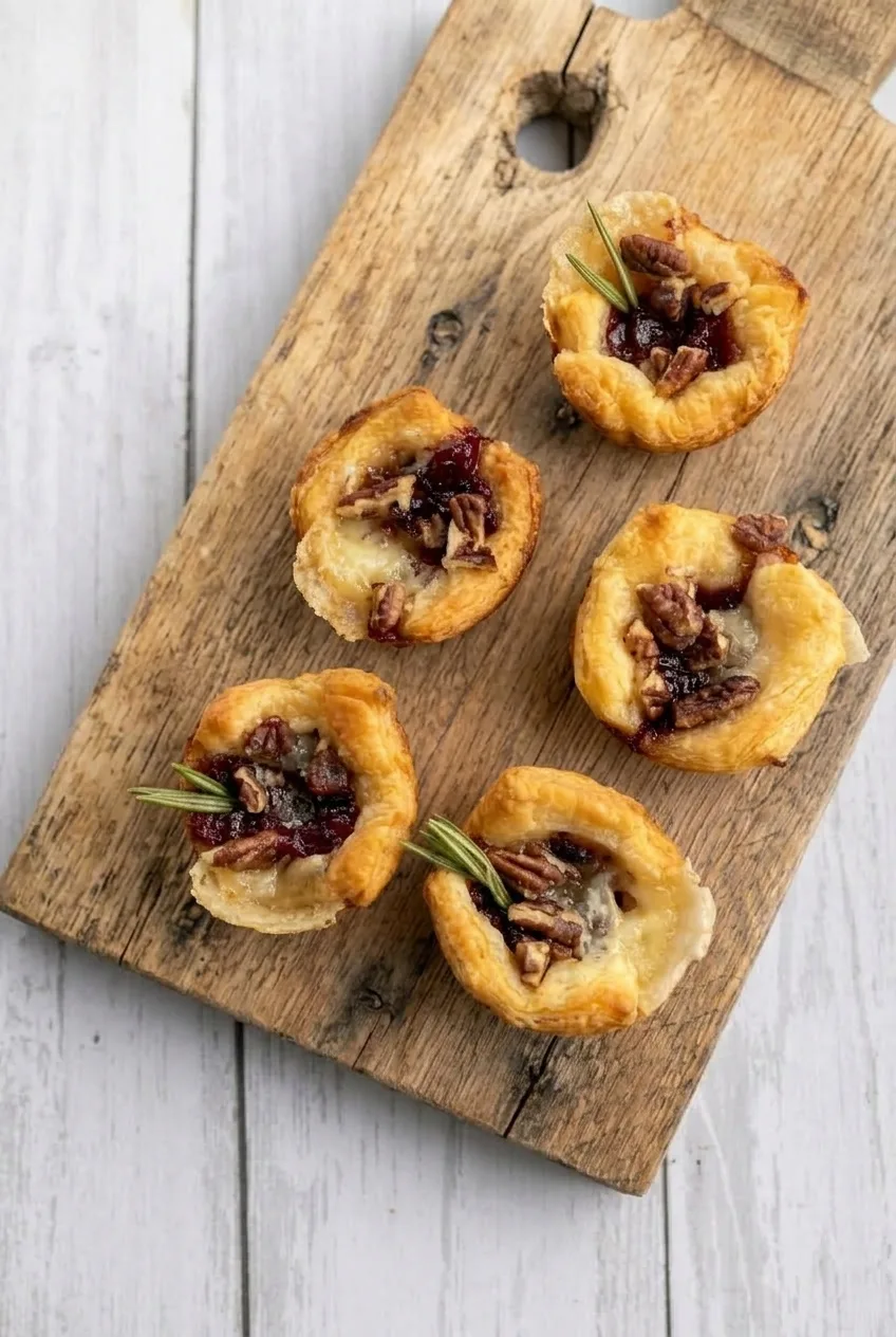 Overhead view of baked cranberry Brie bites arranged on a rustic wooden board with rosemary garnish.