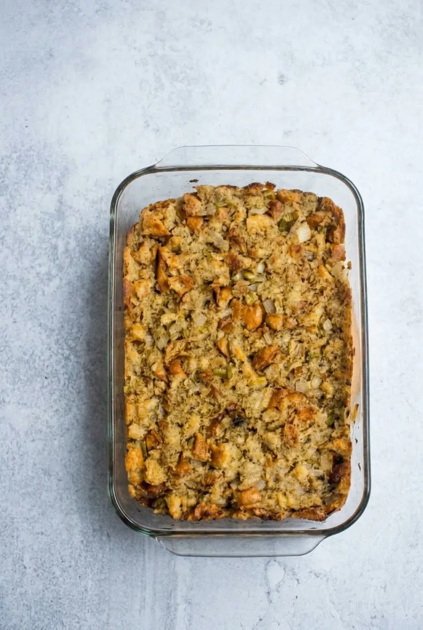 Overhead view of a full glass casserole of golden-brown Thanksgiving bread dressing on a pale stone surface.