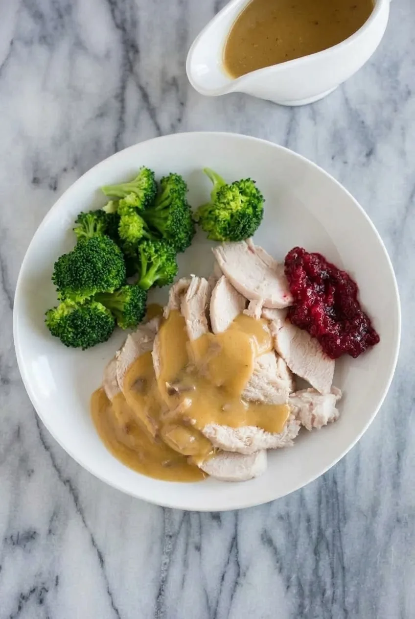 Overhead view of sliced roast turkey with golden-brown gravy and a white gravy boat on a neutral stone surface.