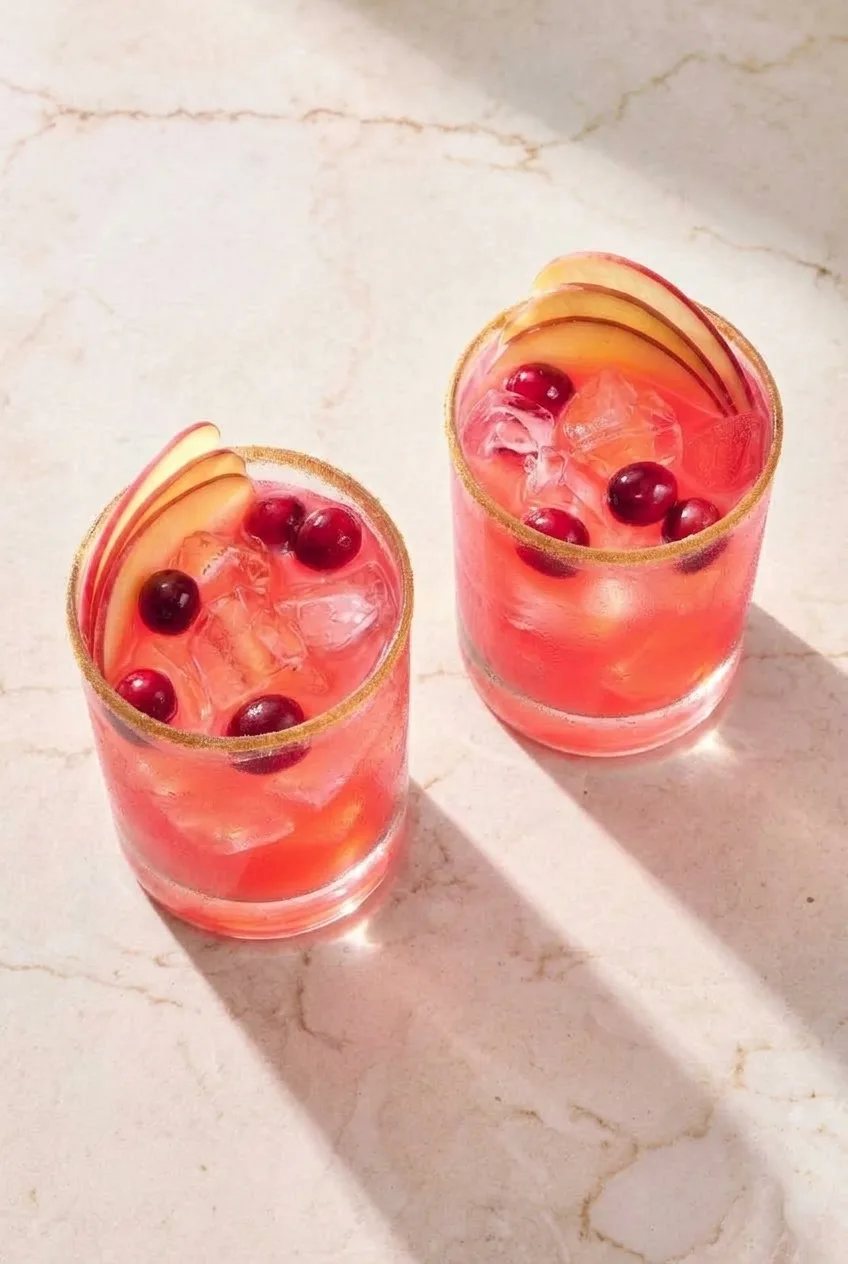 Overhead view of two cranberry-apple margaritas in rimmed rocks glasses on pale stone.