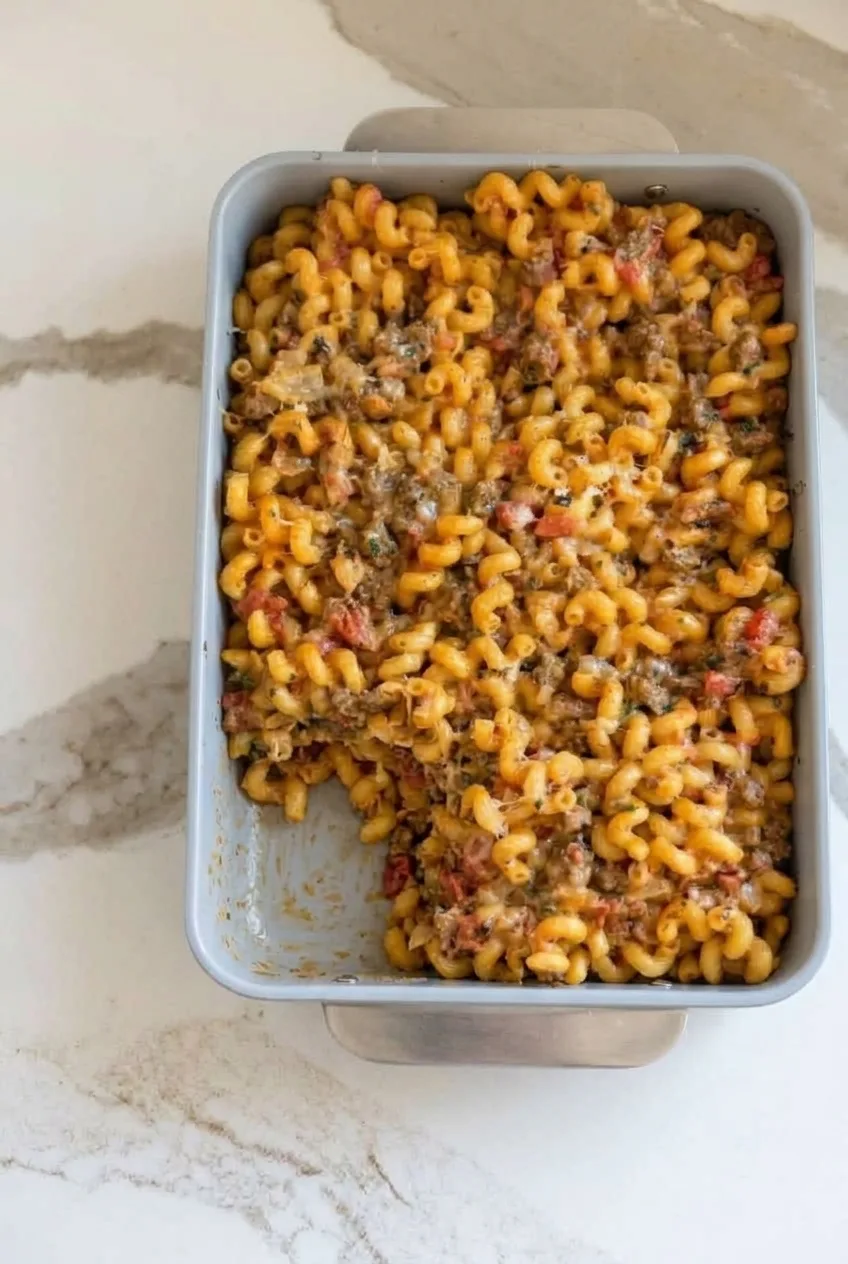 Near-overhead view of a rectangular pumpkin tomato sausage pasta bake with a spooned portion removed.