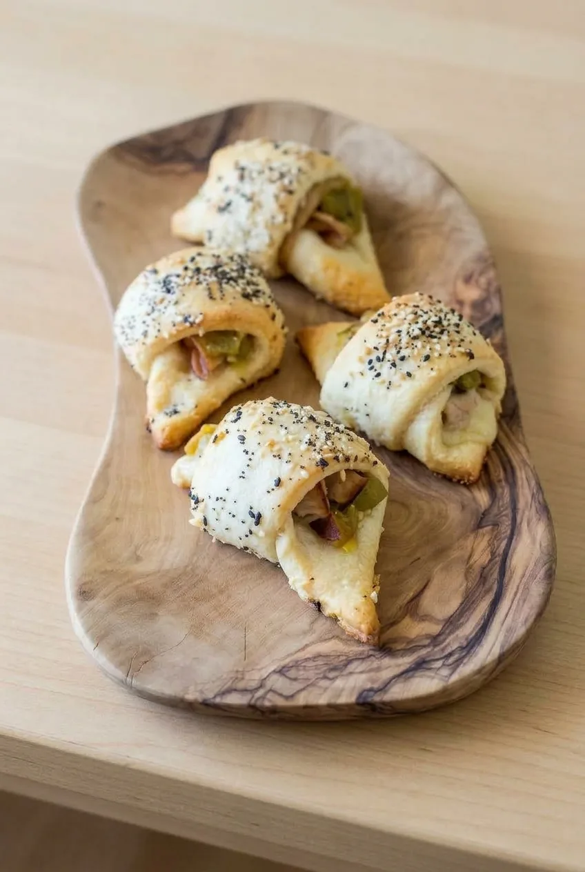 Overhead serving of turkey crescent bites arranged on a rustic wooden board