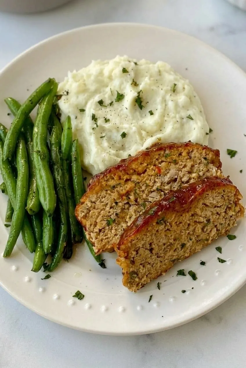 Overhead view of glazed turkey meatloaf slices with mashed potatoes and green beans on a neutral ceramic plate.