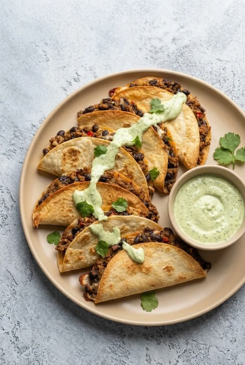 Overhead serving of golden ground turkey and black bean tacos with avocado crema and cilantro