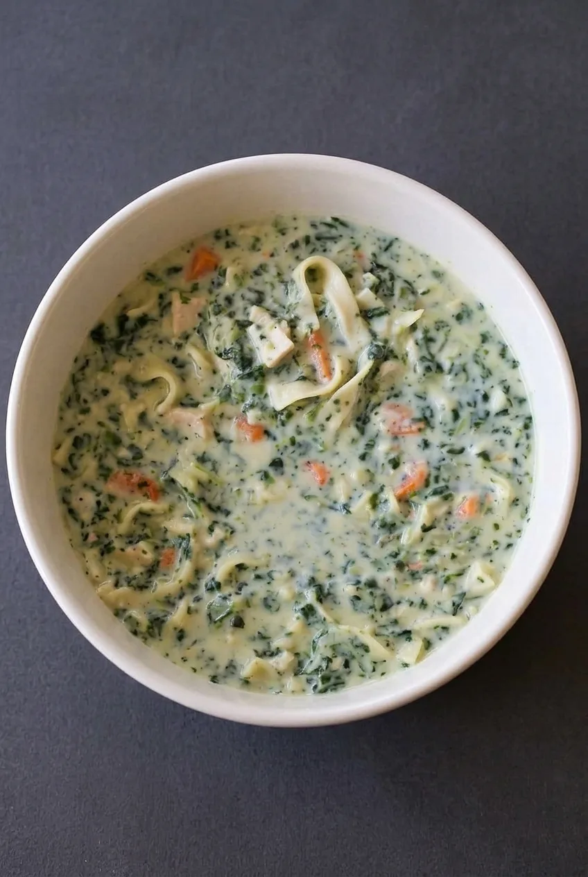 Overhead view of creamy turkey spinach noodle soup with visible carrots and turkey in a full white bowl.