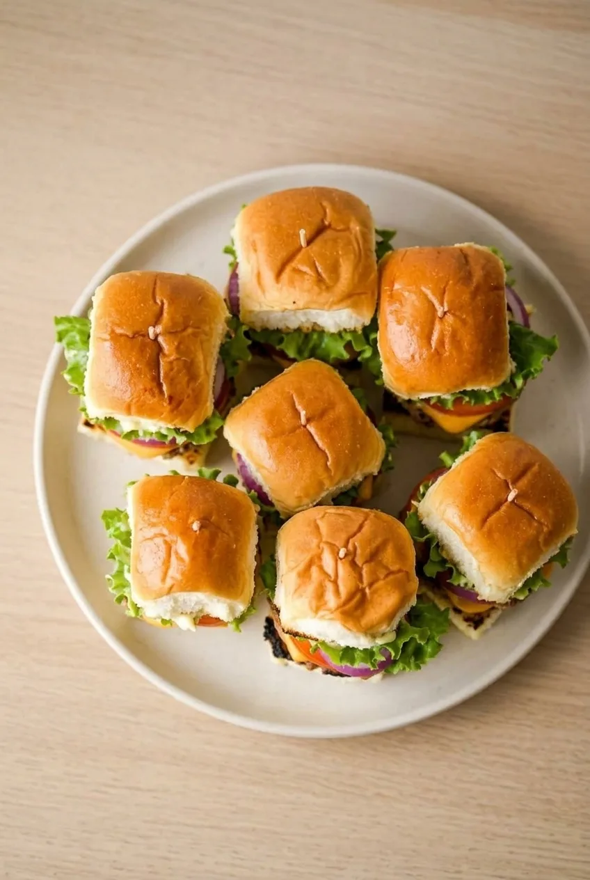 Overhead view of a platter of pick-secured turkey burger sliders with toasted buns and fresh toppings