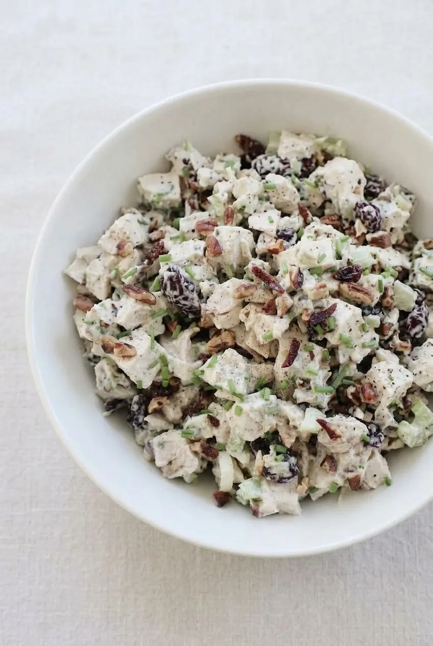 Overhead view of a bowl of chunky cranberry pecan Southern turkey salad on a pale neutral surface.