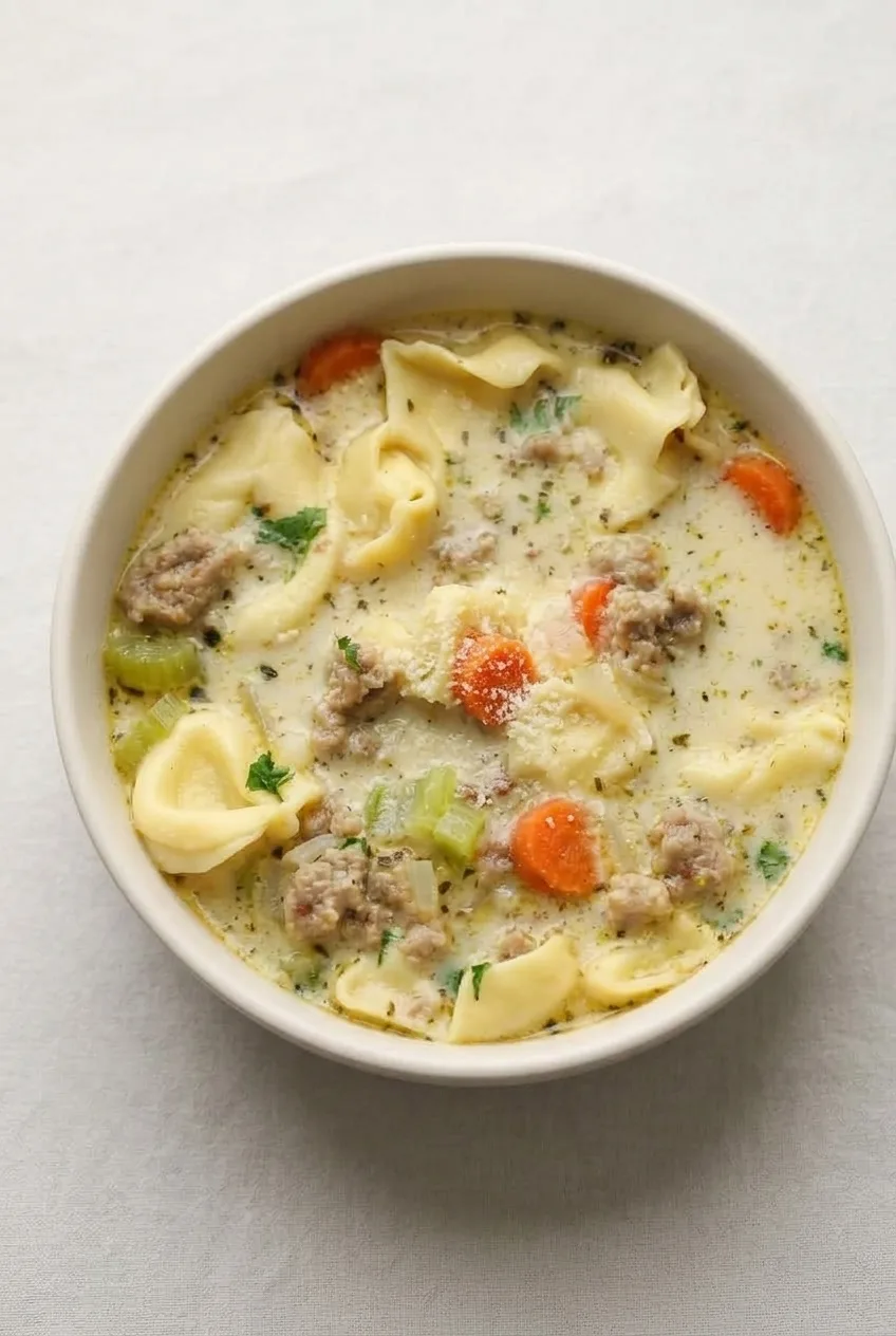 Overhead view of creamy sausage tortellini soup with visible tortellini, vegetables, parsley, and Parmesan.