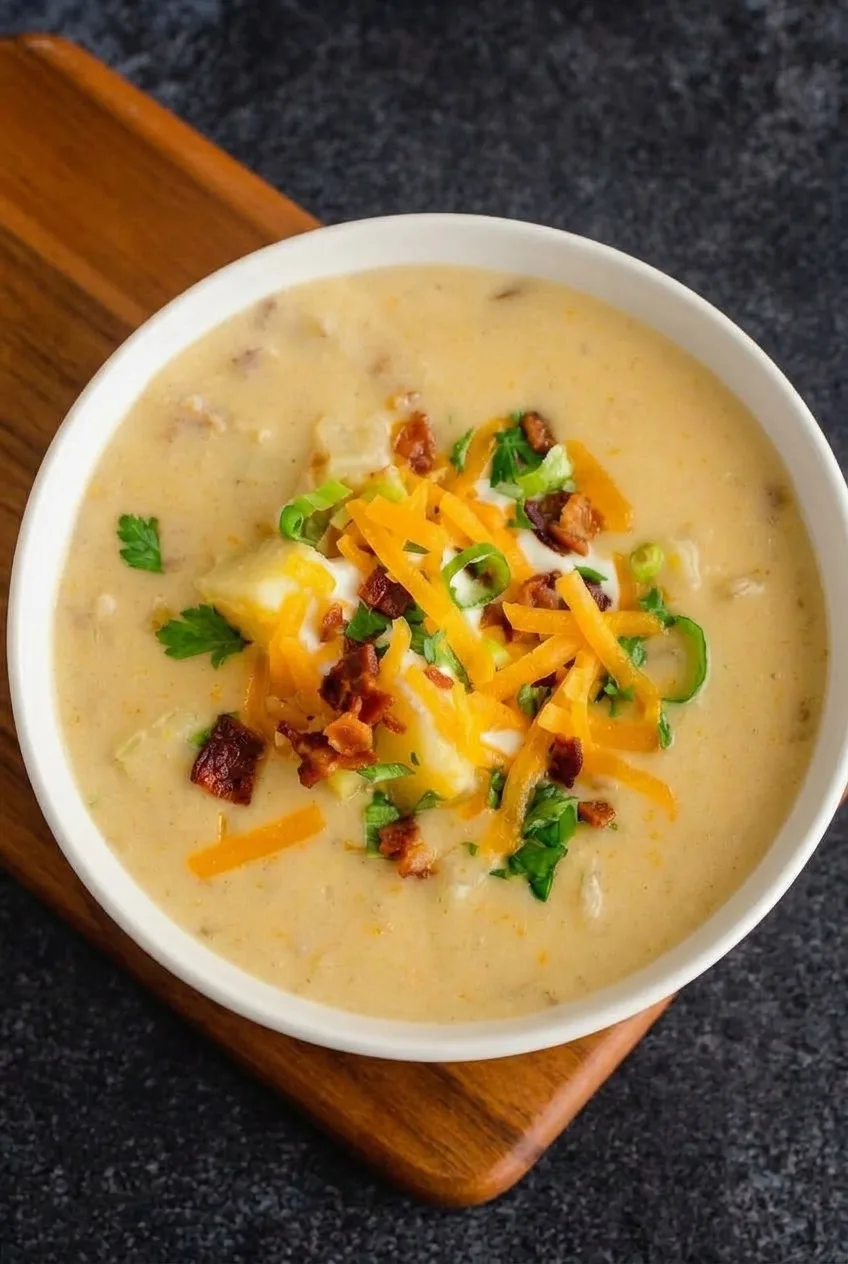 Overhead view of loaded baked potato soup in a wide bowl with cheddar, bacon, sour cream, and green onions.