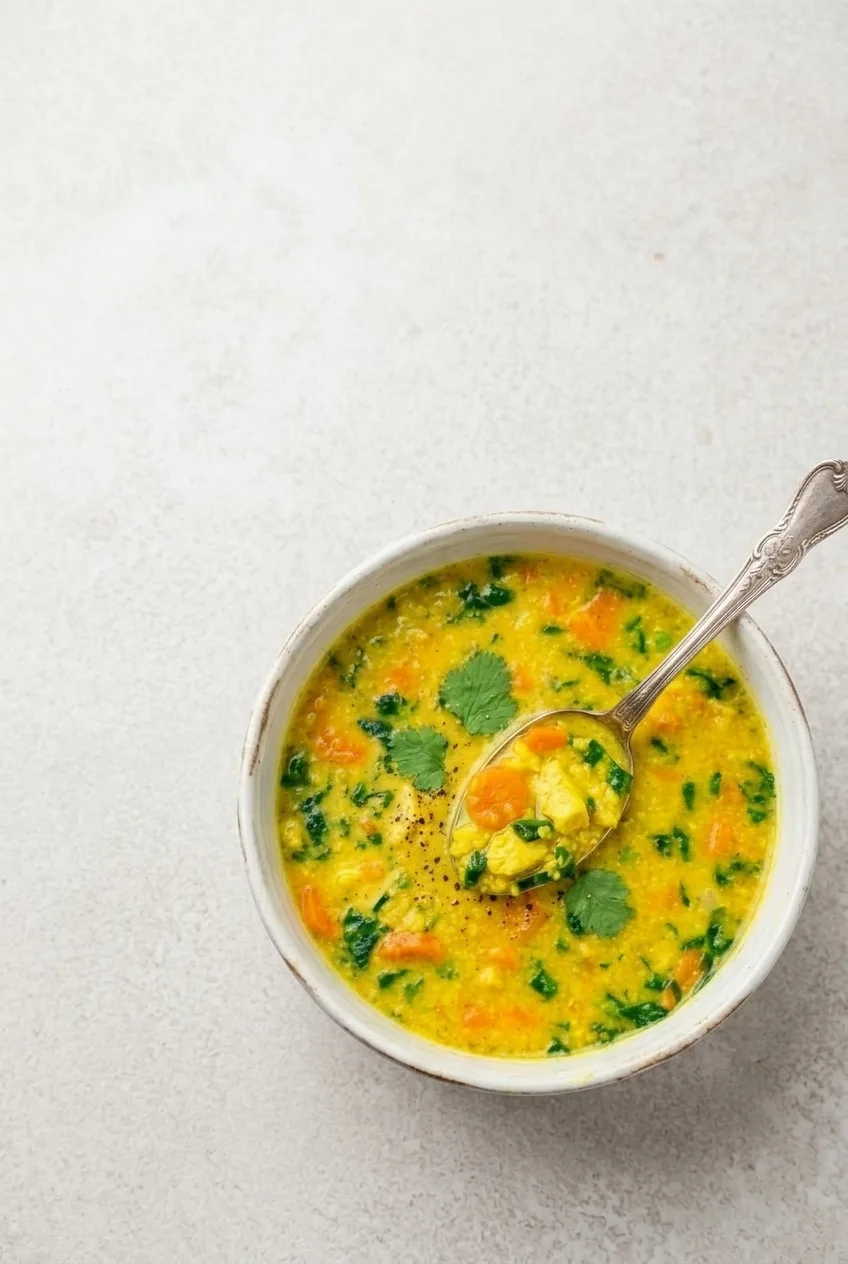 Near-overhead view of golden turmeric chicken soup in a full bowl with visible vegetables, cilantro, and pepper.
