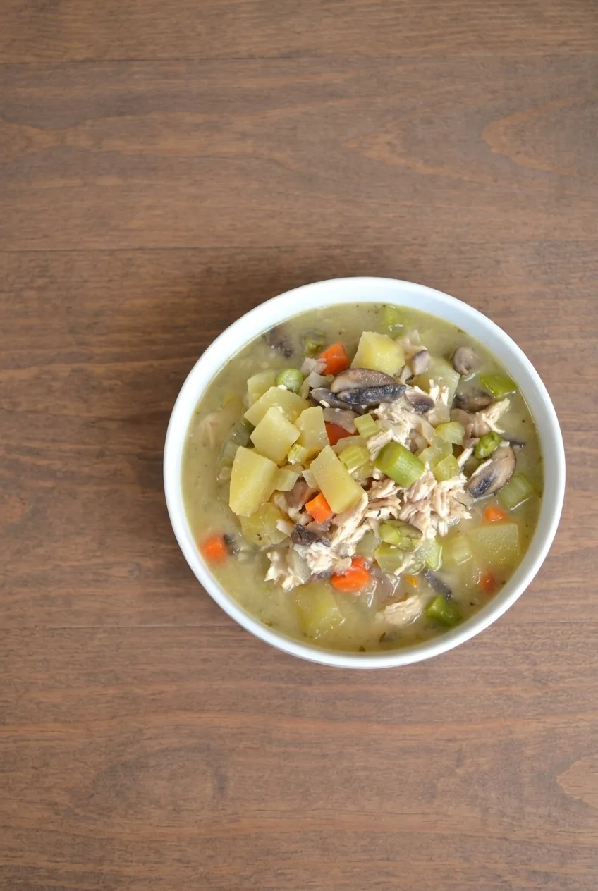 Overhead view of a white bowl filled with chunky chicken pot pie soup on a warm wooden table.
