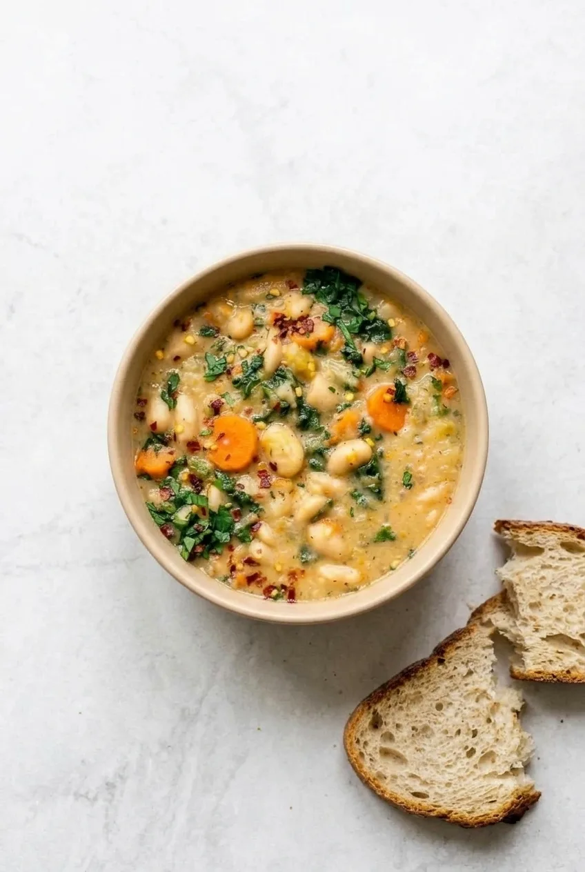 Overhead serving view of Tuscan white bean soup in a ceramic bowl with crusty bread on a pale stone surface.
