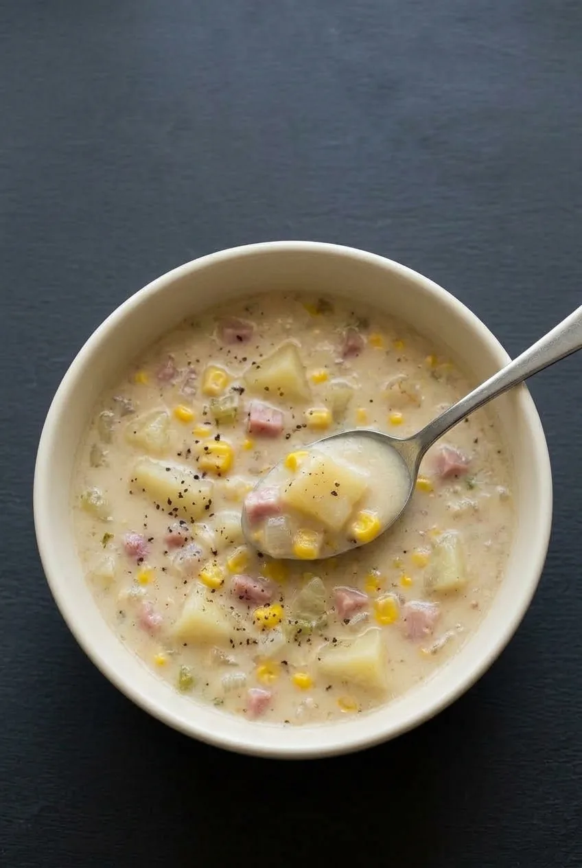 Overhead view of creamy ham and corn chowder with potato chunks and black pepper in a wide ivory bowl.