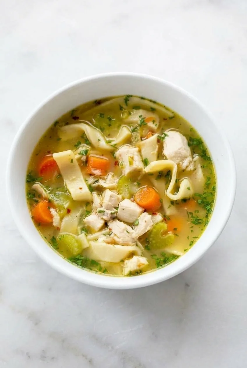 Overhead view of a full white bowl of clear golden chicken noodle soup with egg noodles and vegetables.