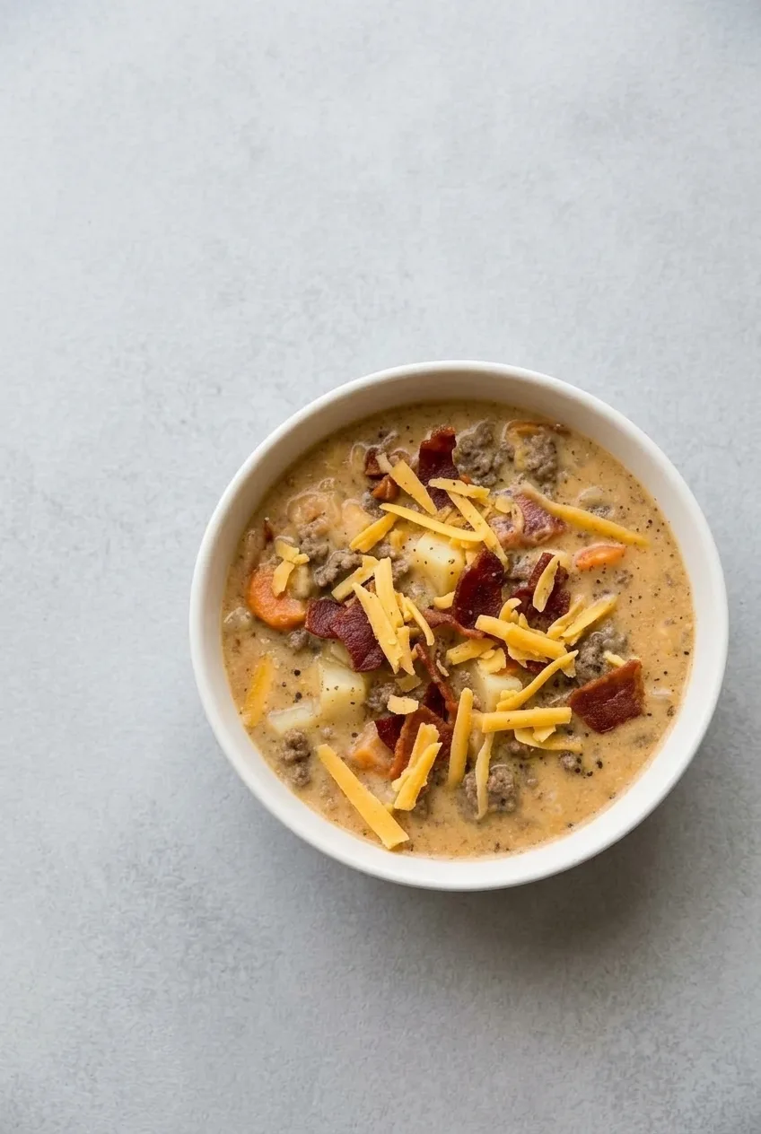 Near-overhead view of bacon cheeseburger soup topped with cheddar shreds and black pepper in a wide bowl.