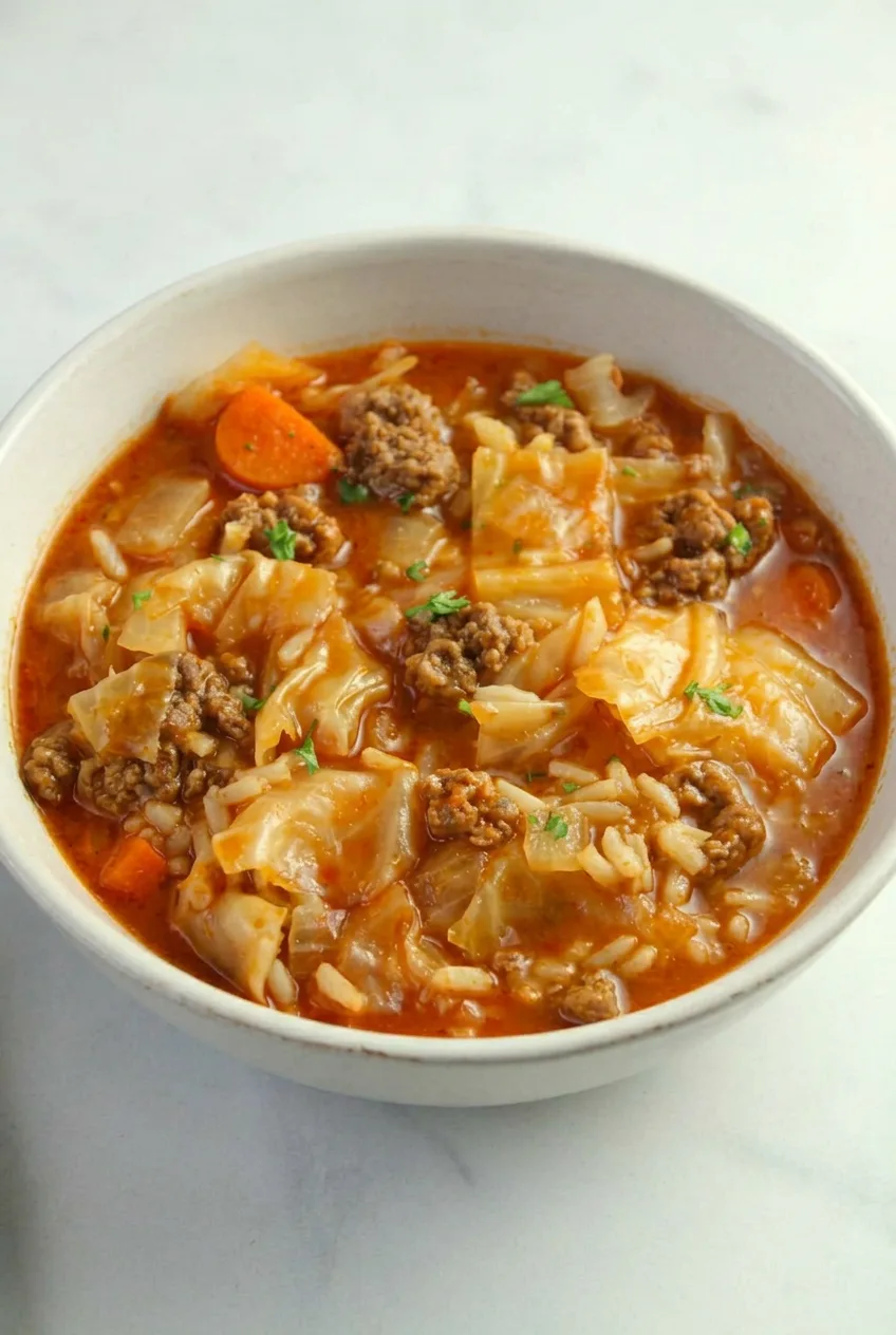 Wide serving of cabbage roll soup with cabbage, ground beef, rice, carrots, and parsley in a neutral ceramic bowl.