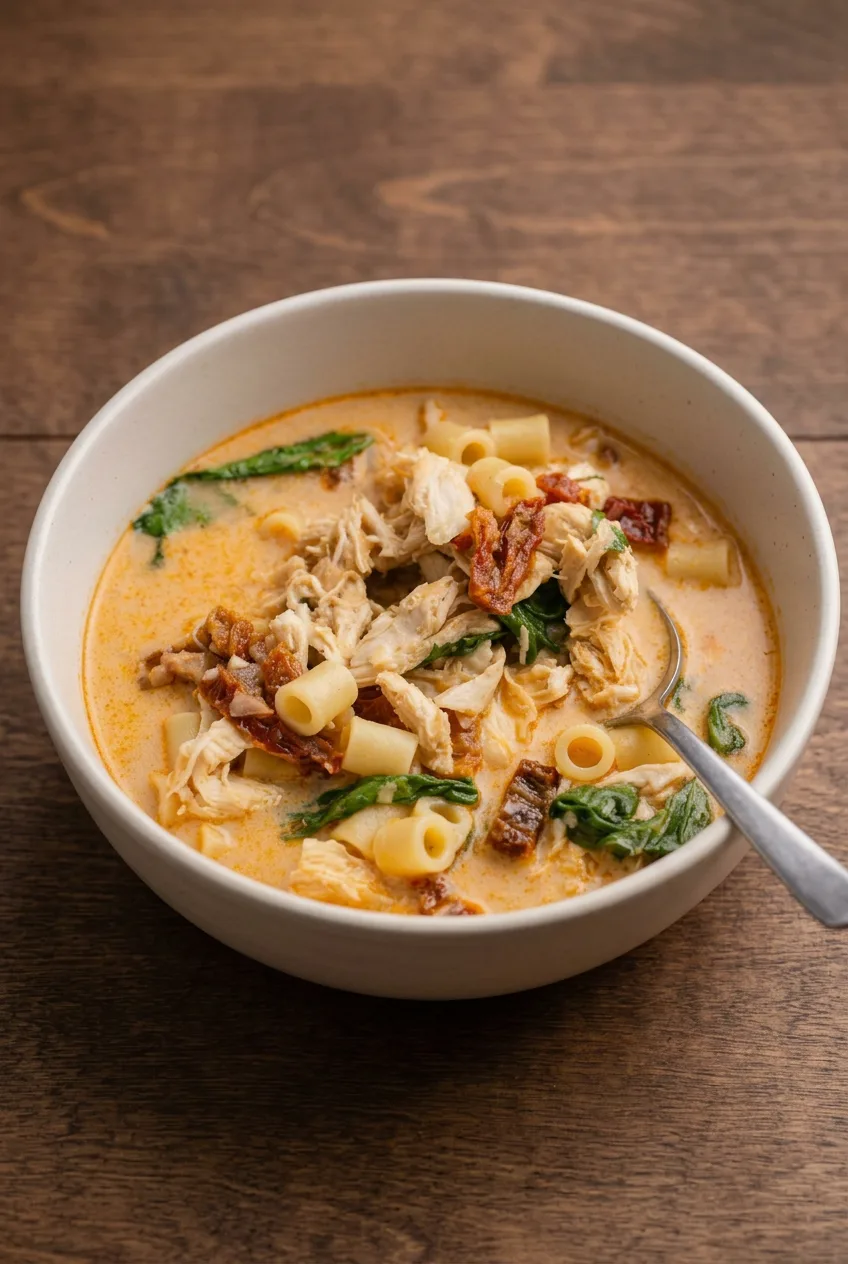 Wide serving of Marry Me Chicken Soup in a bowl with creamy orange broth, chicken, pasta, spinach, and tomatoes.