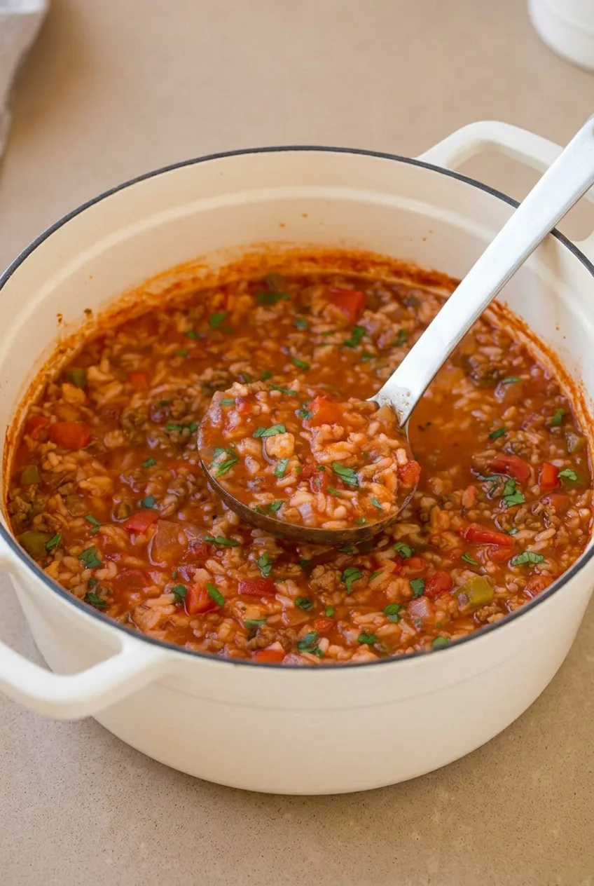 Wide view of stuffed pepper soup in a cream Dutch oven with chunky tomato broth and parsley.
