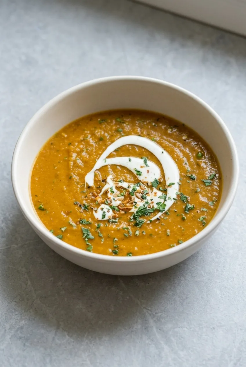 Wide serving of roasted butternut squash soup in a white bowl with cream, pepitas, and parsley.