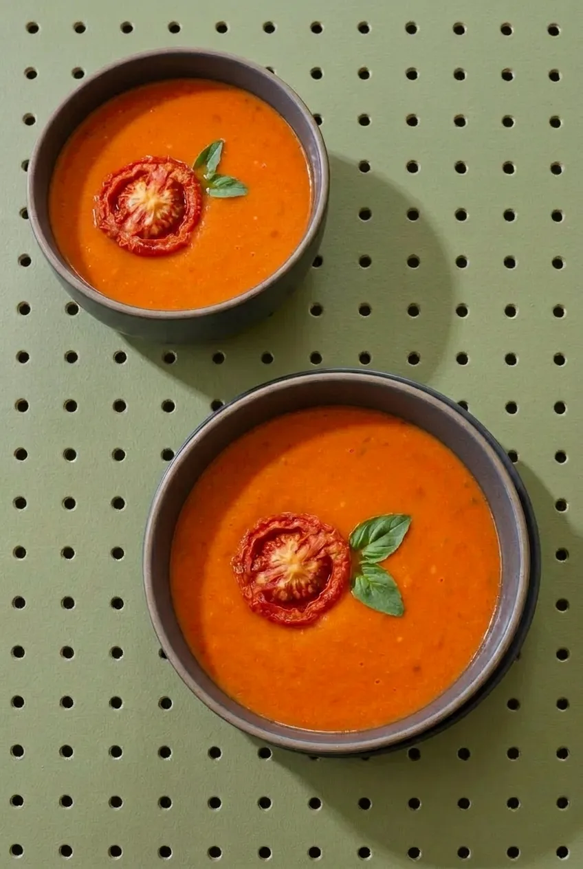 Two bowls of creamy roasted garlic tomato soup with roasted tomato rounds on a sage-green surface