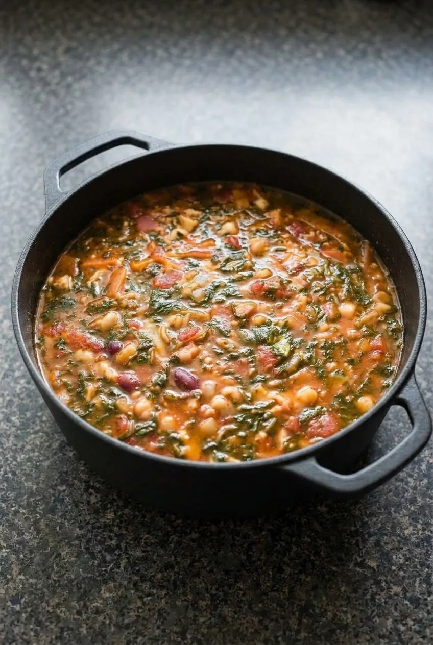 Wide view of a black Dutch oven filled with brothy tomato pasta fagioli on a dark neutral surface.