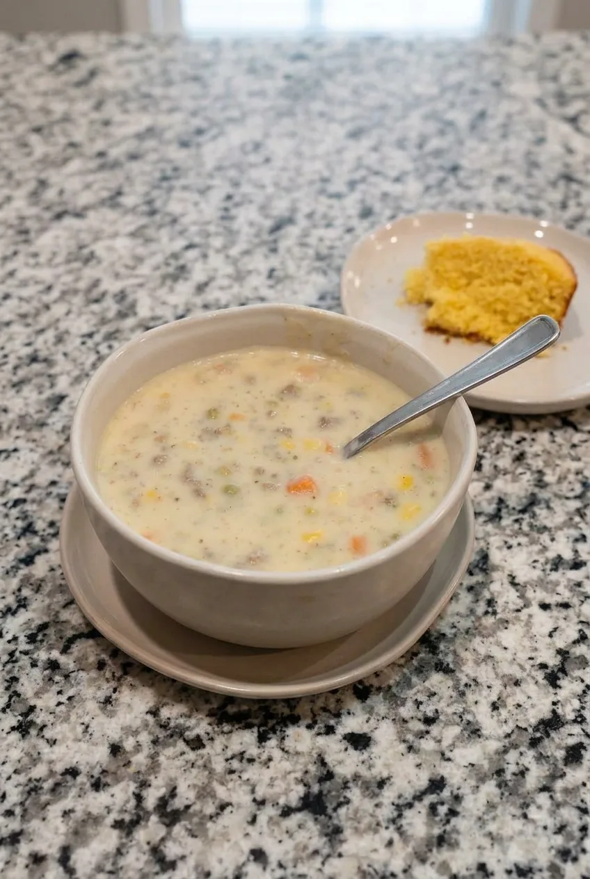 Wider view of a bowl of chunky creamy Shepherd’s Pie Soup with a spoon and cornbread on a small plate.