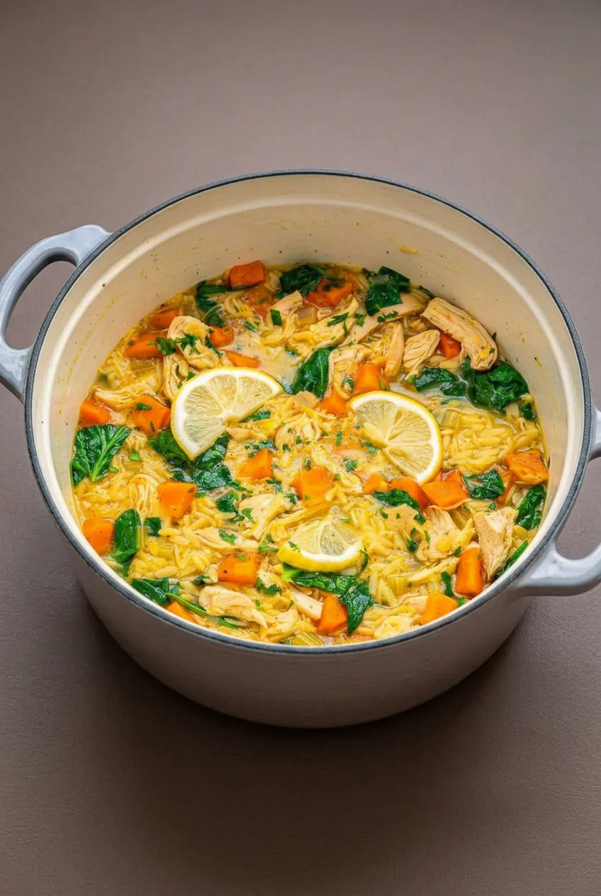 Wide serving view of lemon chicken orzo soup in a light Dutch oven with lemon rounds and parsley.