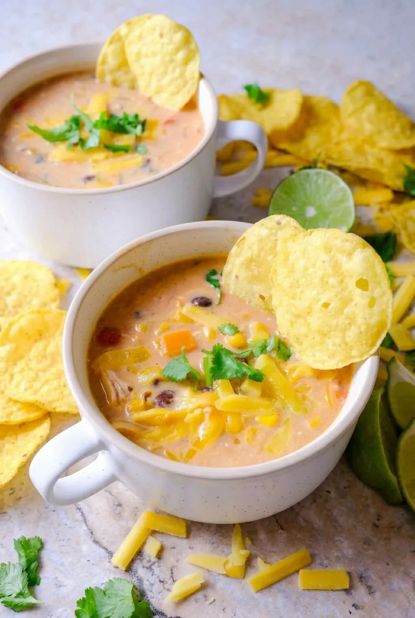 Two white handled mugs of creamy chicken tortilla soup with cheese, cilantro, lime, and tortilla chips on a stone surface.
