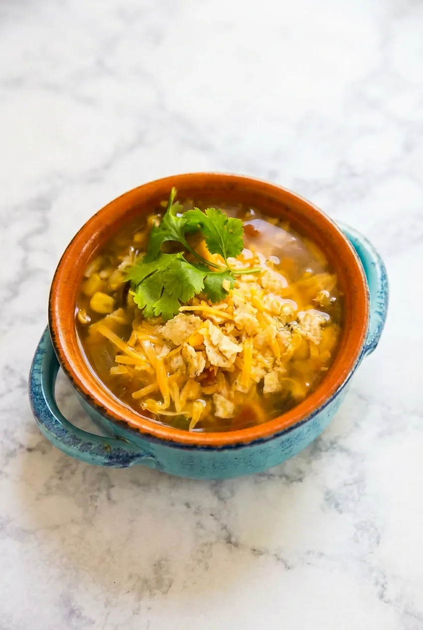 Rustic bowl of chicken taco soup with cheese, chips, cilantro, corn, and visible broth on a neutral stone surface.