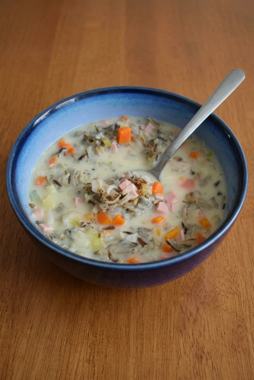 Wide view of a full deep blue bowl of creamy ham wild rice soup on a warm wooden table.