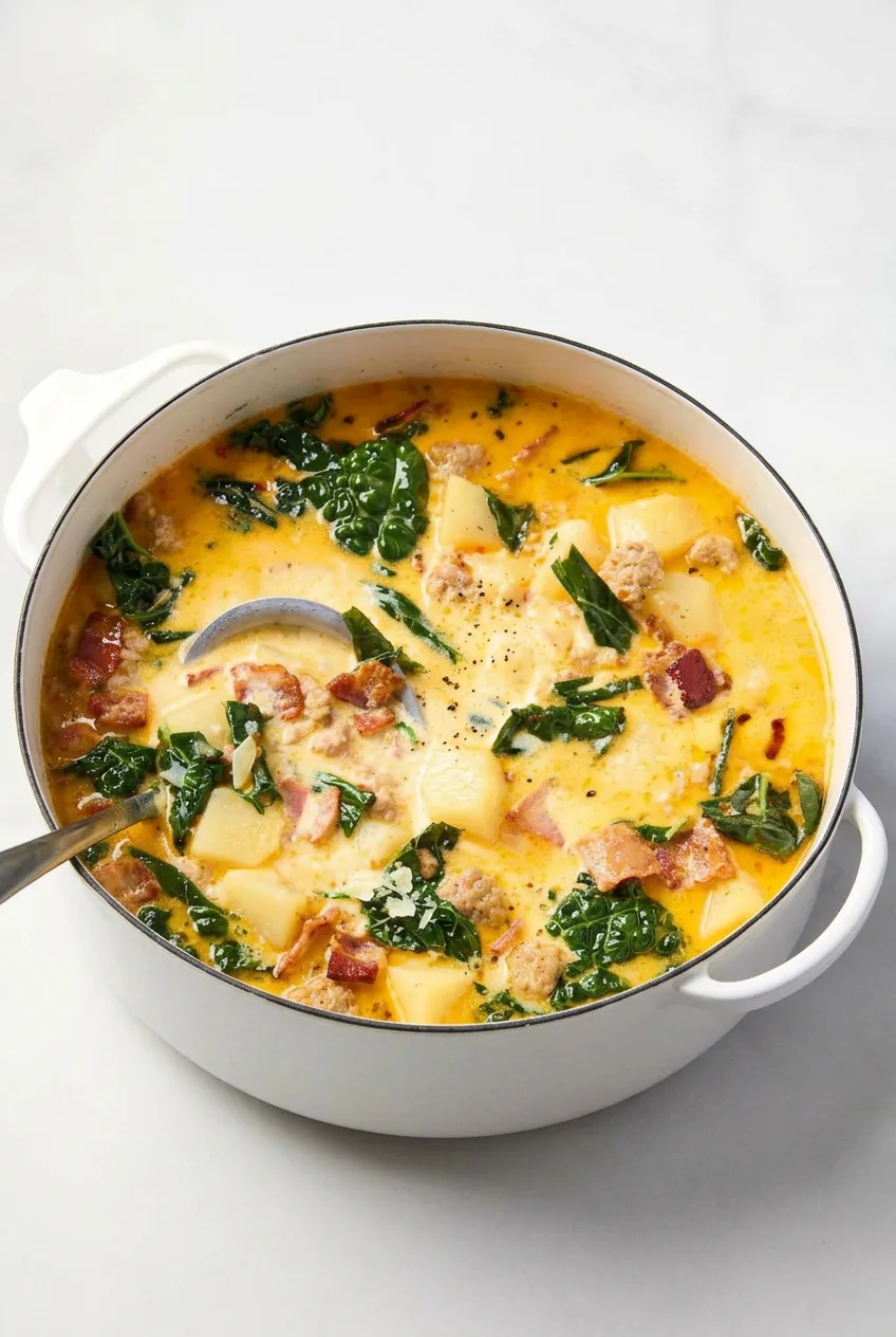Wide view of a white Dutch oven filled with creamy Zuppa Toscana on a pale neutral surface