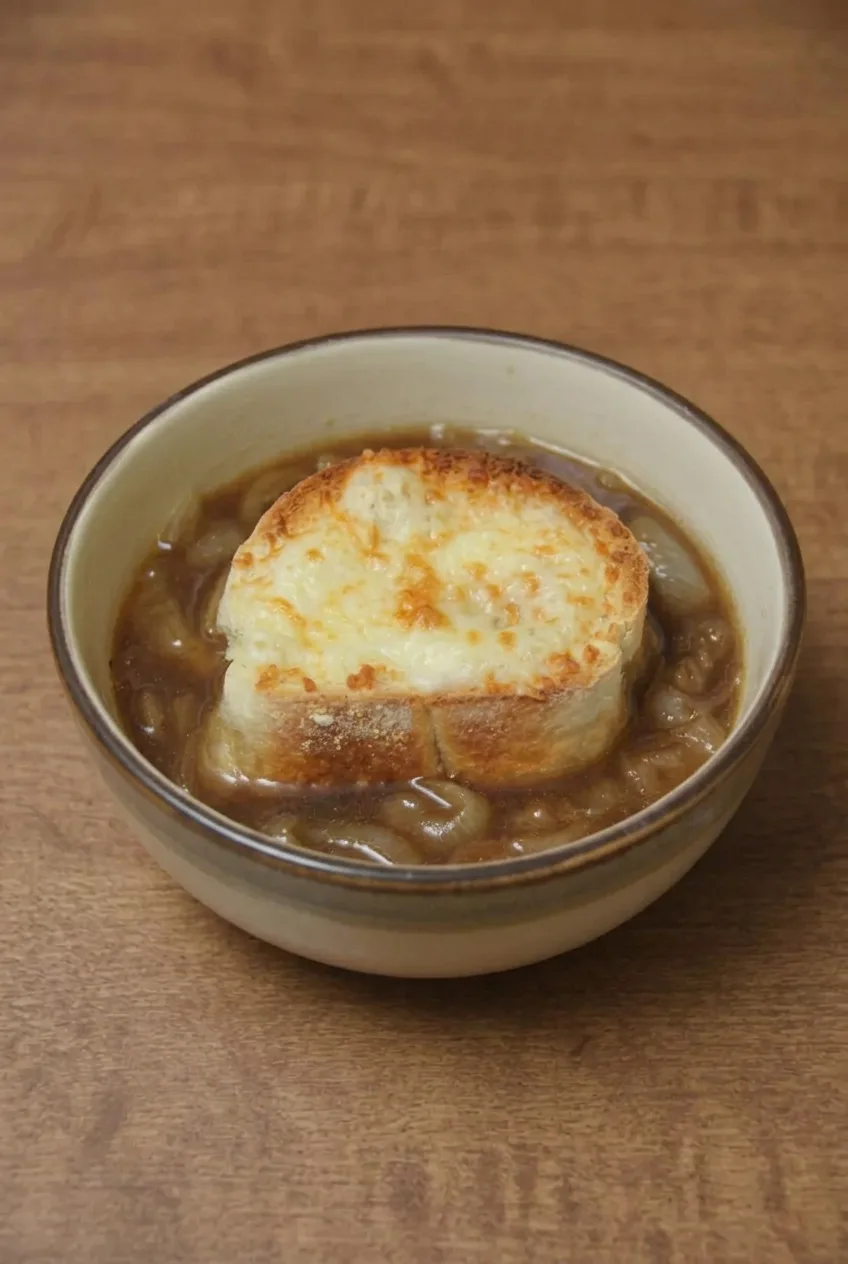 Wide view of a complete bowl of French onion soup with a centered melted cheese toast on a wood table.