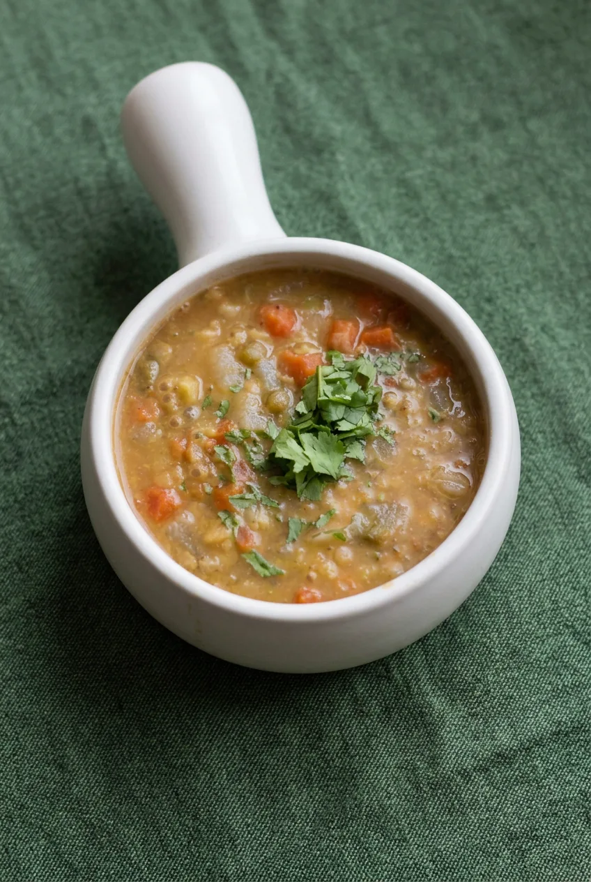 Wider view of Moroccan lentil soup in a white handled bowl on a dark green textured cloth