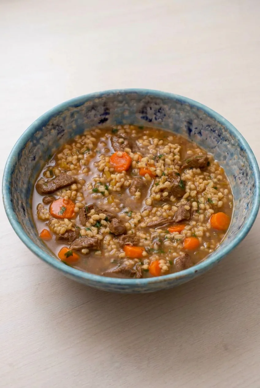 Wide serving of beef barley soup in a rustic blue-gray bowl on a plain neutral tabletop.