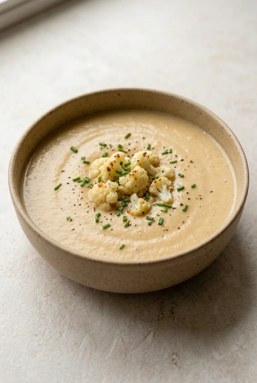 Wide view of a complete bowl of roasted cauliflower soup topped with florets, chives, and black pepper.